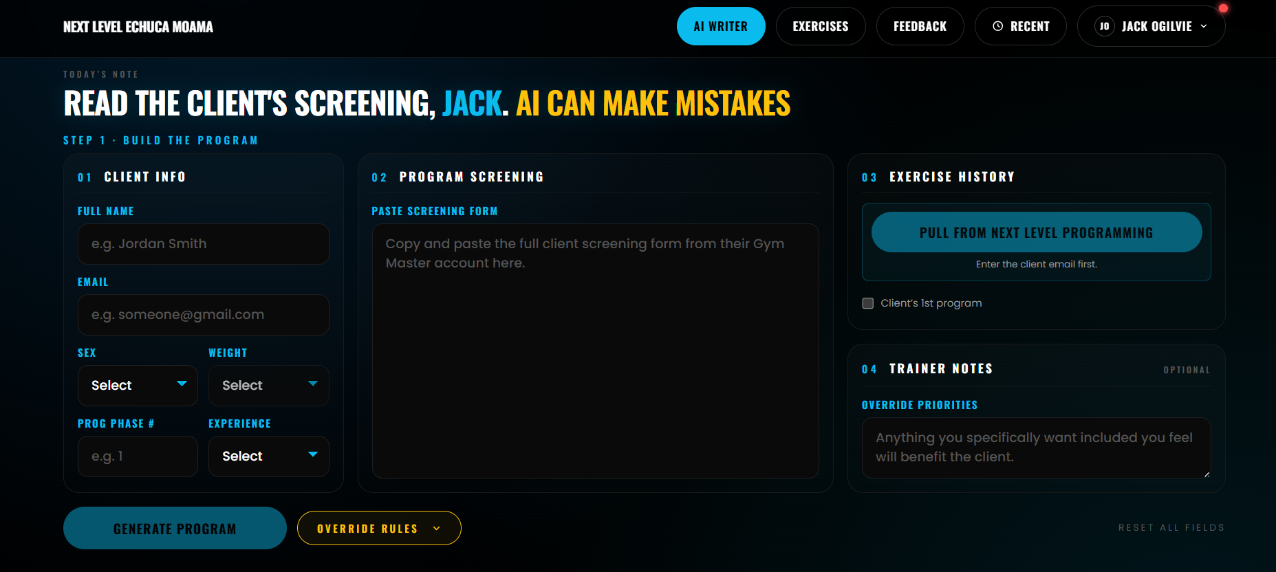 Next Gen AI Program Writer interface